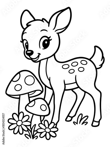 Playful Fawn and Whimsical Mushrooms: Adorable fawn stands amidst enchanting mushrooms and delicate blossoms, capturing the essence of a serene woodland scene.