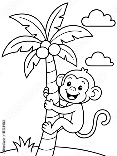 Playful Monkey and Palm Tree: A cheerful cartoon monkey climbs a towering palm tree under a bright sky, evoking the simple pleasures of a tropical paradise.