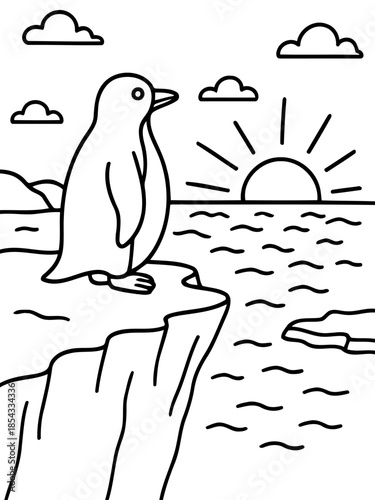 Penguin by the Sea: A solitary penguin stands on a cliff edge, gazing out at the vast ocean under a radiant sun, in this delightful illustration.
