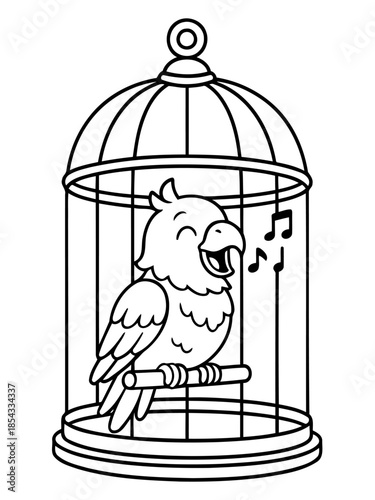 Joyful Parrot Inside Cage: A cheerful parrot serenades from its perch within a delicate cage, the notes of its melody floating in the air. A whimsical display of nature's simple pleasures.