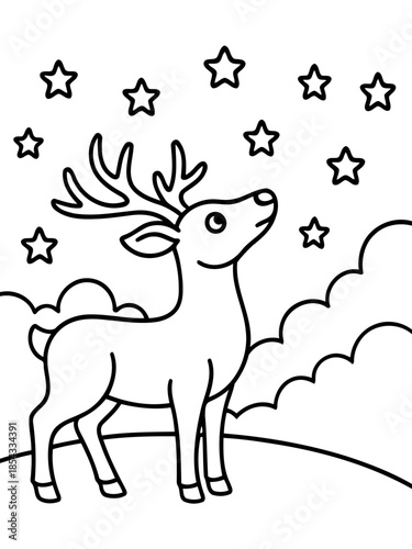 Winter Deer Gazing at the Stars: A charming outline image of a deer, observing stars under a cloudy night sky. A perfect scene for coloring pages.