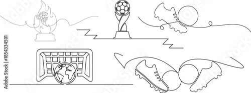 Soccer sports elements collection including trophies, boots, and a globe goal in line art style