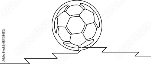 One line drawing of a soccer ball on a stylized grass field ground