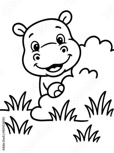 Playful Hippo in the Grass: A charming cartoon hippo peeks playfully from behind the tall grass, its big smile and innocent eyes capturing the whimsical essence of childhood.