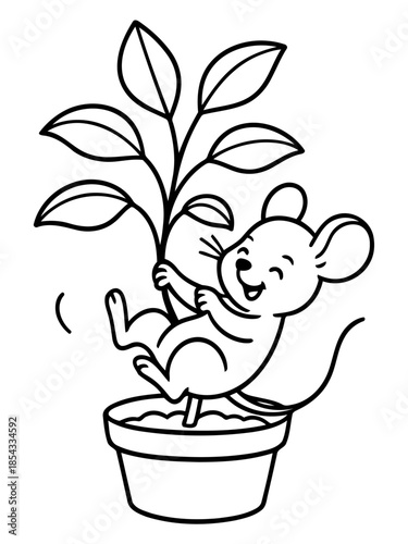 Cheerful Mouse and Plant: An adorable cartoon mouse beams with happiness, playfully clutching a sprouting plant in a ceramic pot, symbolizing growth and the joy of nature.