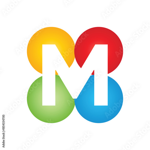 this is a letter logo design of initial M on a four circle round shape in different colors that looks good on a white background