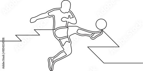 One line drawing of a soccer player performing a dynamic acrobatic kick with ball