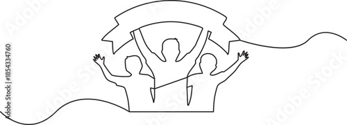 Continuous line drawing of soccer supporters cheering with a blank banner at a sports event