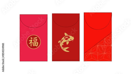 Red envelopes for Chinese New Year celebration with decorative designs  
