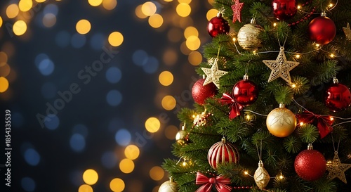 A classic Christmas composition with a decorated Christmas tree placed on the right side of the frame, featuring red and gold ornaments, shiny baubles, golden stars, and warm fairy lights