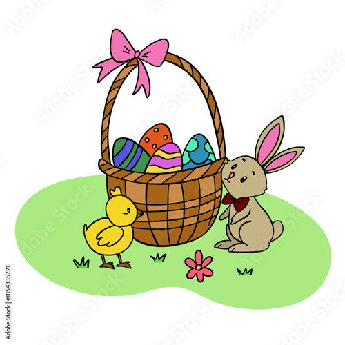 Hand-drawn Easter illustration featuring a basket filled with colorful eggs, a cute bunny, and a little chick nearby. Perfect for Easter