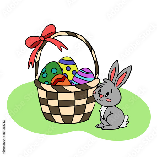 Hand-drawn Easter illustration featuring a basket filled with eggs and a cute bunny standing рядом. Festive spring artwork perfect for Easter 
