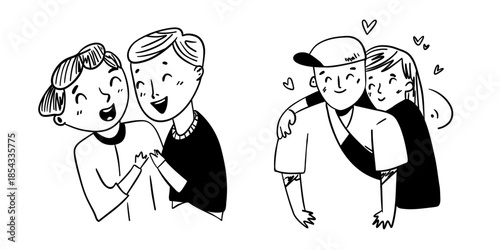 Hand-drawn illustration of two loving couples in a funny, playful style. Cute romantic characters with expressive emotions, perfect for Valentine’s Day designs