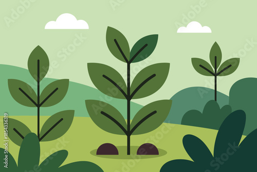 Minimalist Green Landscape with Stylized Plants and White Clouds