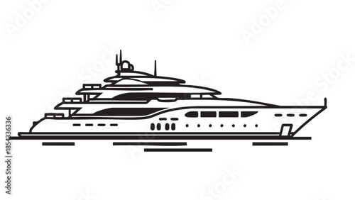 Luxury yacht sailing on calm waters, viewed from the side, showcasing its sleek design and multiple decks