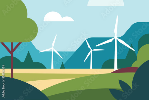 Renewable Energy Landscape with Wind Turbines and Green Hills