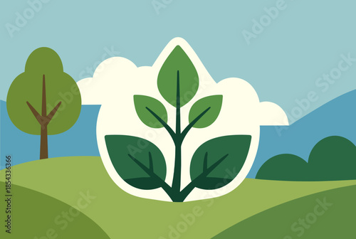 Eco friendly Flat Illustration of a Growing Plant in a Lush Green Landscape