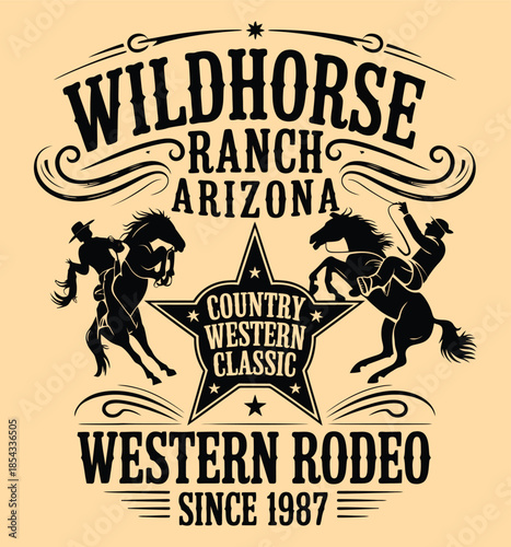 Arizona Wild Horse Western Rodeo Vintage Vector Artwork, Classic American Cowboy Style Illustration