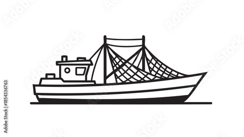 A fishing boat with a large net is sailing on calm waters