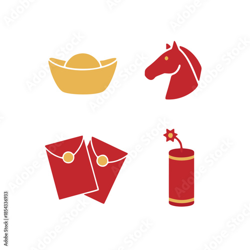 Chinese New Year Icons Gold Ingot, Horse, Red Envelopes, and Firecracker