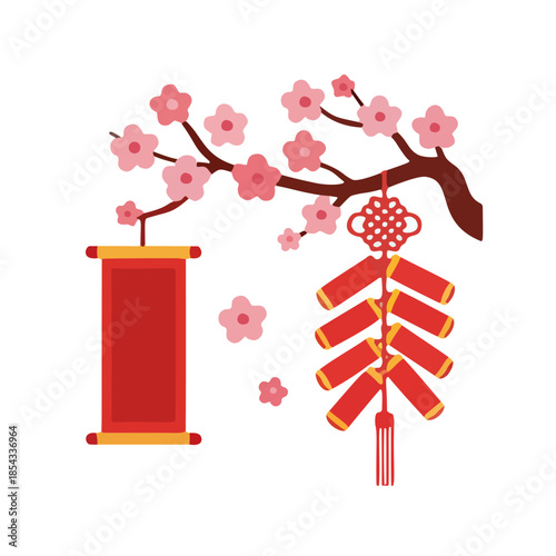 Chinese New Year Decorations Featuring Blossom Branch with Scroll and Firecrackers