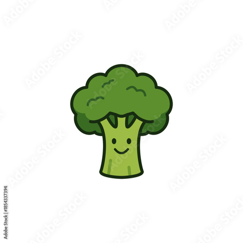 Cute smiling broccoli character in colorful flat vector illustration, isolated on white background