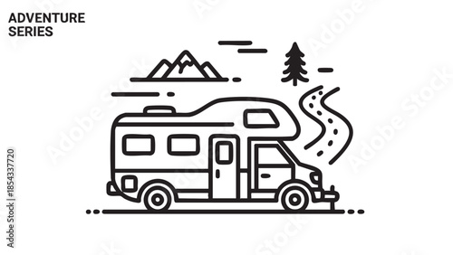 Recreational vehicle traveling through mountains with trees nearby