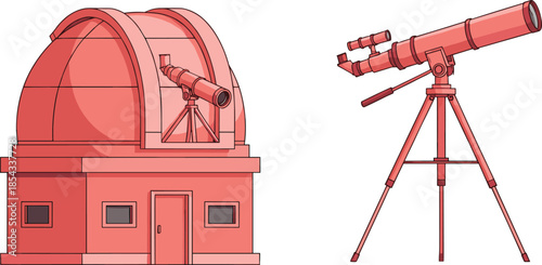 Professional astronomical observatory building and telescope vector illustration set for space research science education and celestial discovery in a uniform pink color palette.