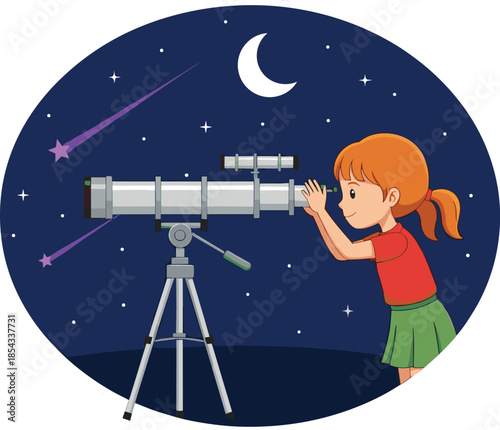 Little girl looking through an astronomical telescope at the starry night sky with a crescent moon and shooting stars for educational science discovery themes.