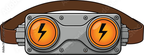 Steampunk style industrial goggles vector illustration with glowing orange lenses and black lightning bolt symbols for vintage futuristic technology and cosplay design themes.