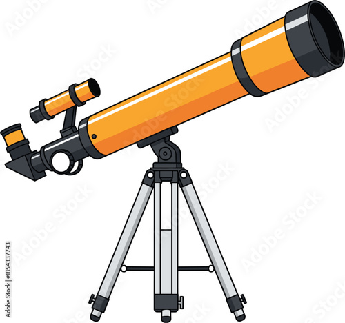 Professional telescope graphic with adjustable tripod and finder scope isolated on white for astronomy equipment discovery of planets and educational science concepts.
