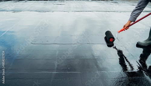 Worker applying liquid waterproofing sealant to a flat roof surface with a roller for protection and maintenance.