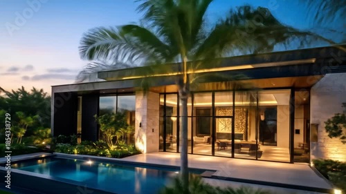 Wallpaper Mural Modern luxury villa with pool and palm trees at dusk, a relaxing vacation. Torontodigital.ca