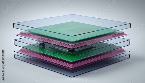 A detailed view of a multi-layered electronic circuit board or component stack with transparent, green, and pink sheets.