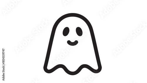 A simple black and white illustration of a friendly ghost with a smiling face