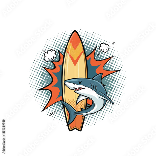 Aggressive Cartoon Shark Next to a Surfboard with Pop Art Background.