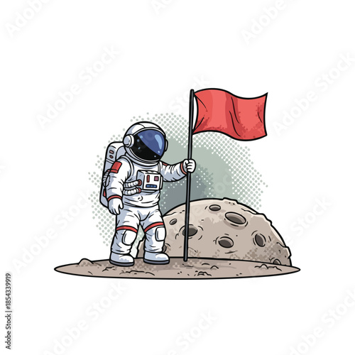 Astronaut planting a red flag on the moon surface, symbolizing achievement and exploration.