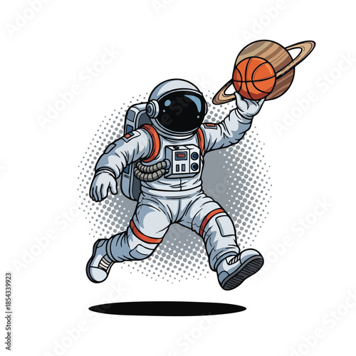 Astronaut playing basketball on a planet in space, action cartoon illustration for commercial use.