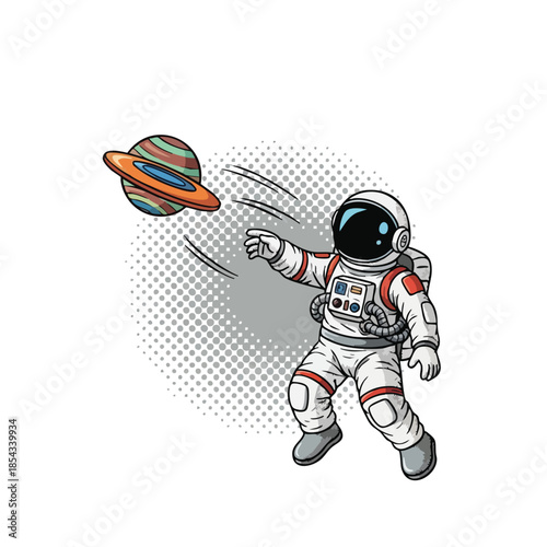 Astronaut playing frisbee in space with a colorful planet in the background.