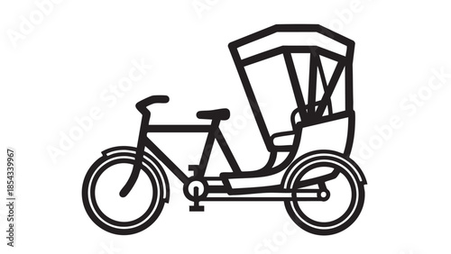Line art illustration of a rickshaw on a white background viewed from the side