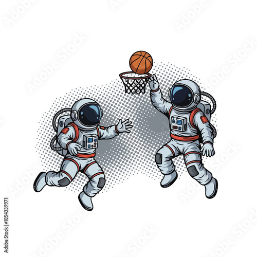 Astronauts playing basketball in space, conceptual illustration for sports and exploration.