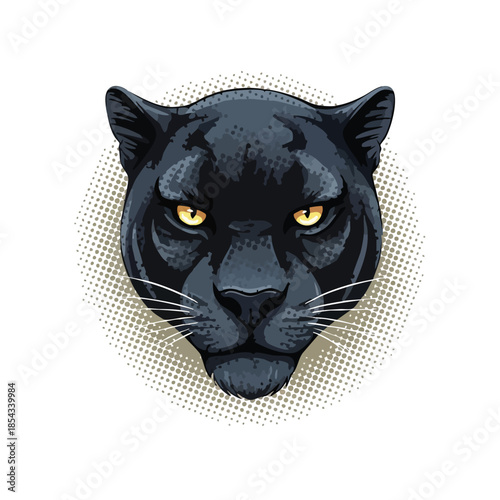 Black Panther Head Illustration with Yellow Eyes and Halftone Background.
