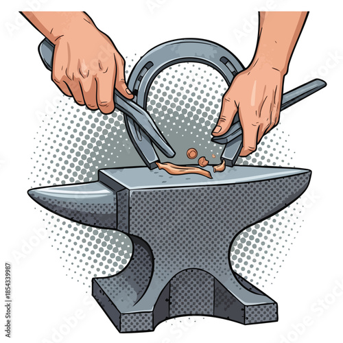 Blacksmith Forging Horseshoe on Anvil with Pliers: Traditional Craftsmanship and Skill.