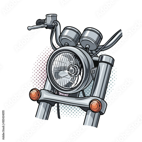 Close-up Illustration of a Motorcycle's Front Headlight and Handlebars, Vector Graphic.