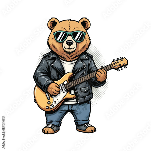 Cool cartoon bear playing electric guitar, wearing sunglasses and leather jacket, rock and roll lifestyle.