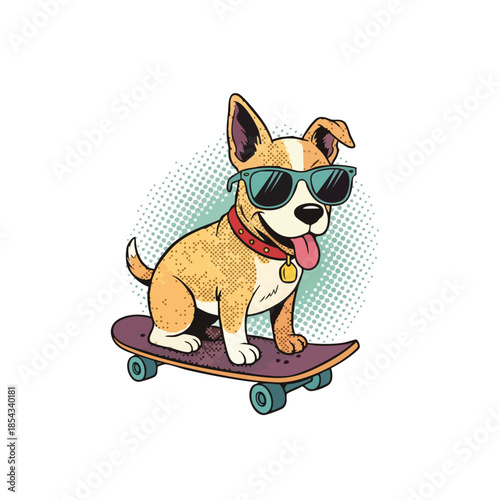 Cool Dog Wearing Sunglasses Riding a Skateboard, Fun Pop Art Style Illustration.