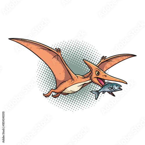 Cute Pterodactyl Flying With Fish in its Mouth, Cartoon Vector Illustration.