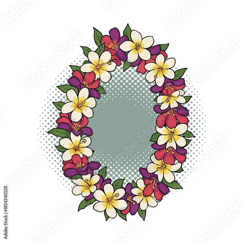Decorative Floral Lei with Plumeria Flowers and Green Leaves.