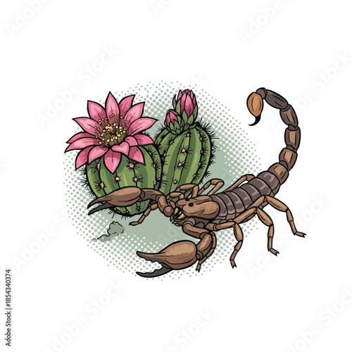 Desert Wildlife: Vibrant Pink Cactus Flower and Brown Scorpion Illustration.