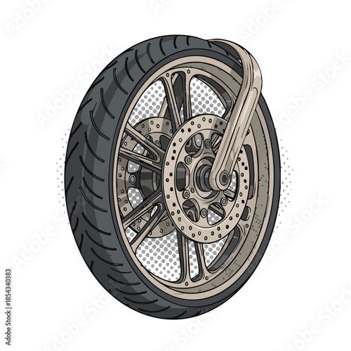 Detailed Vector Illustration of a Motorcycle Front Wheel with Disc Brakes and Fork, Perfect for Automotive and Transportation Concepts.